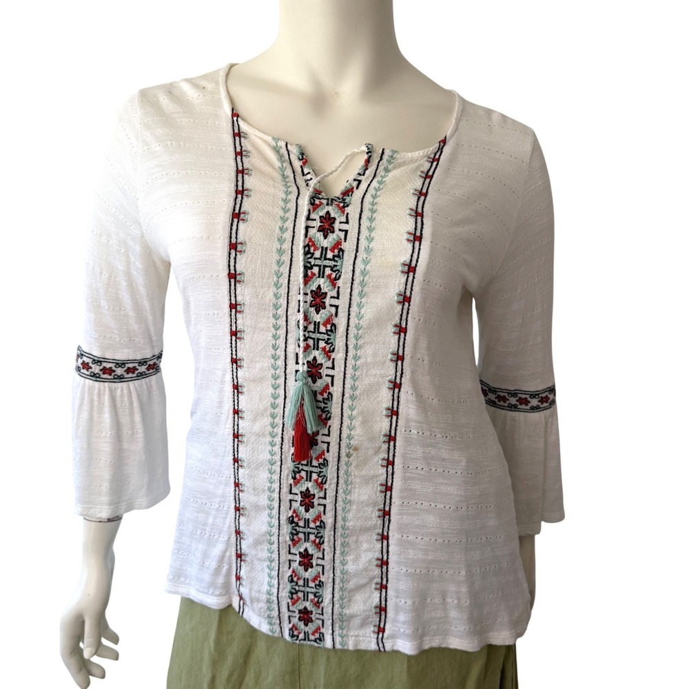 Style & Co Embroidered Boho Peasant Top White Bell Sleeve Tassel 100% Viscose M